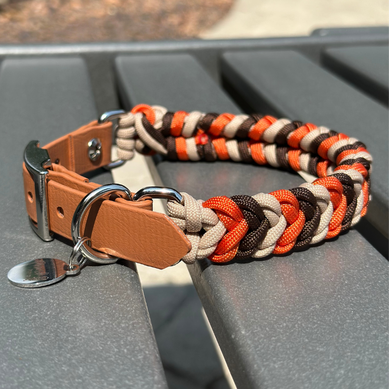 Coiled Charm Hand Braided Dog Collar in Burnt Orange, Walnut Brown, & Light Tan - American Bark Bliss