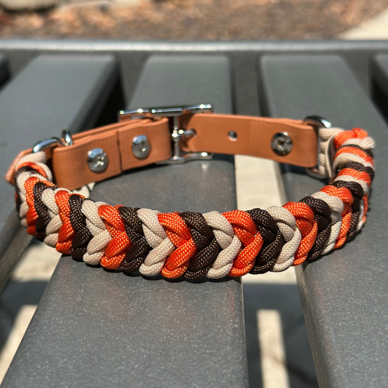 Coiled Charm Hand Braided Dog Collar in Burnt Orange, Walnut Brown, & Light Tan - American Bark Bliss