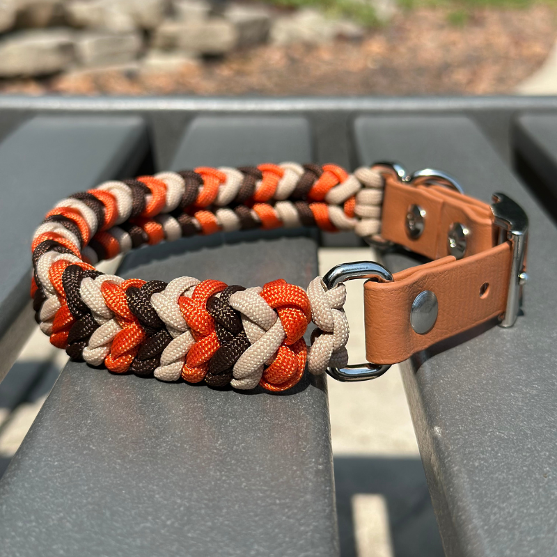 Coiled Charm Hand Braided Dog Collar in Burnt Orange, Walnut Brown, & Light Tan - American Bark Bliss