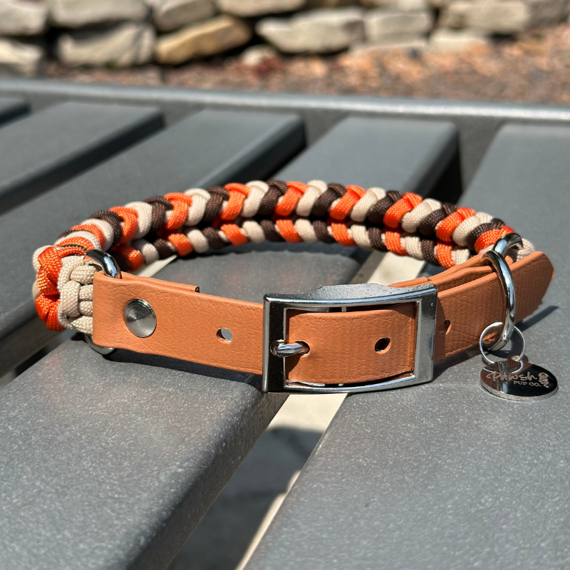 Coiled Charm Hand Braided Dog Collar in Burnt Orange, Walnut Brown, & Light Tan - American Bark Bliss