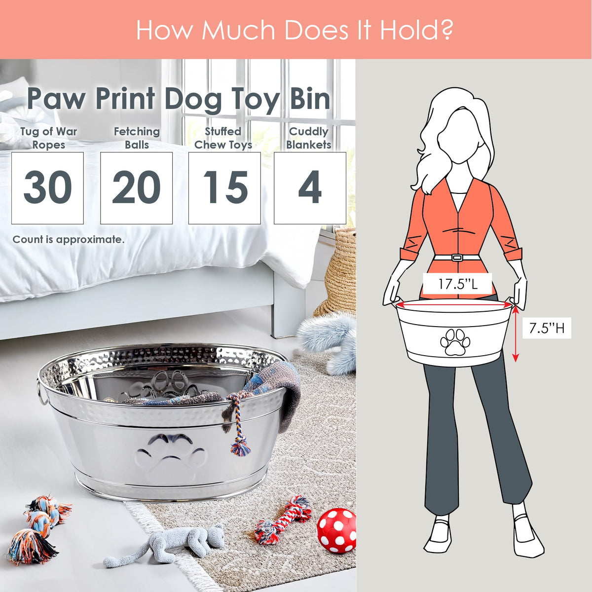 Pawprint Luxe Duo Stainless Steel Dog Toy Storage Bin Set of 2 (Large & Medium) | BREKX