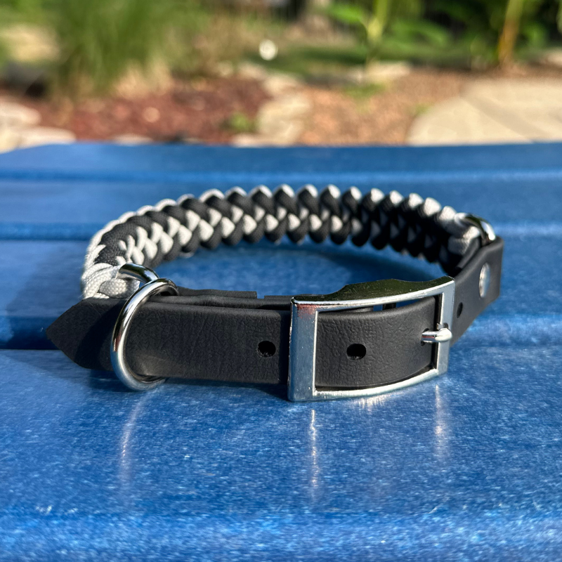 Fishtail Hand Braided Dog Collar in Black & Smoke - American Bark Bliss