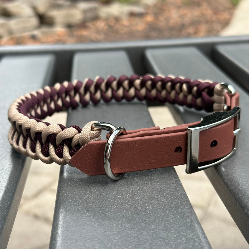 Fishtail Hand Braided Dog Collar in Burgundy & Cream - American Bark Bliss