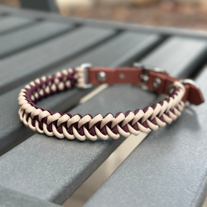 Fishtail Hand Braided Dog Collar in Burgundy & Cream - American Bark Bliss