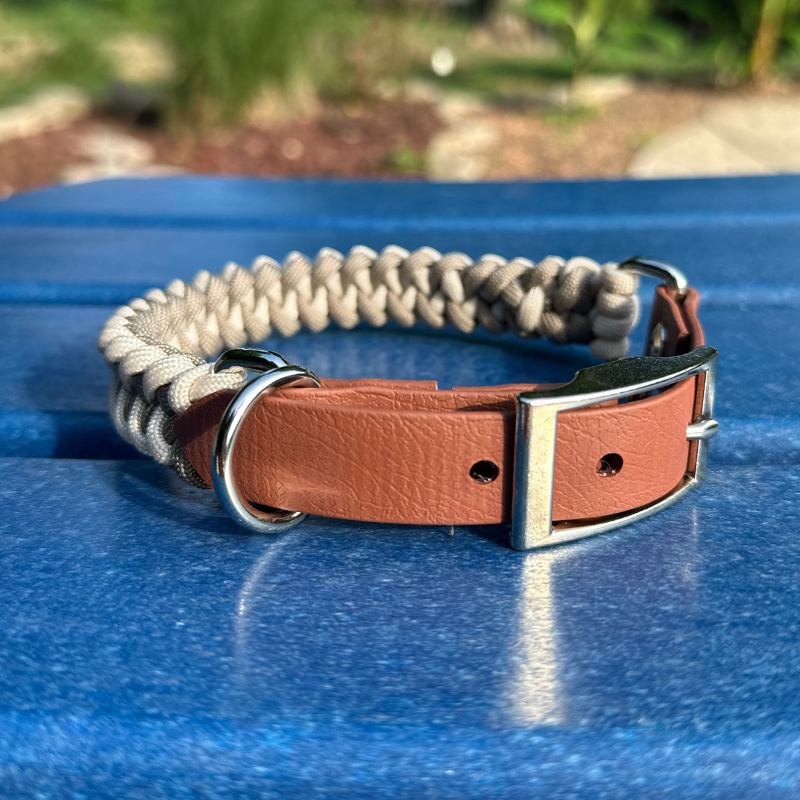 Fishtail Hand Braided Dog Collar in Tan & Cream - American Bark Bliss