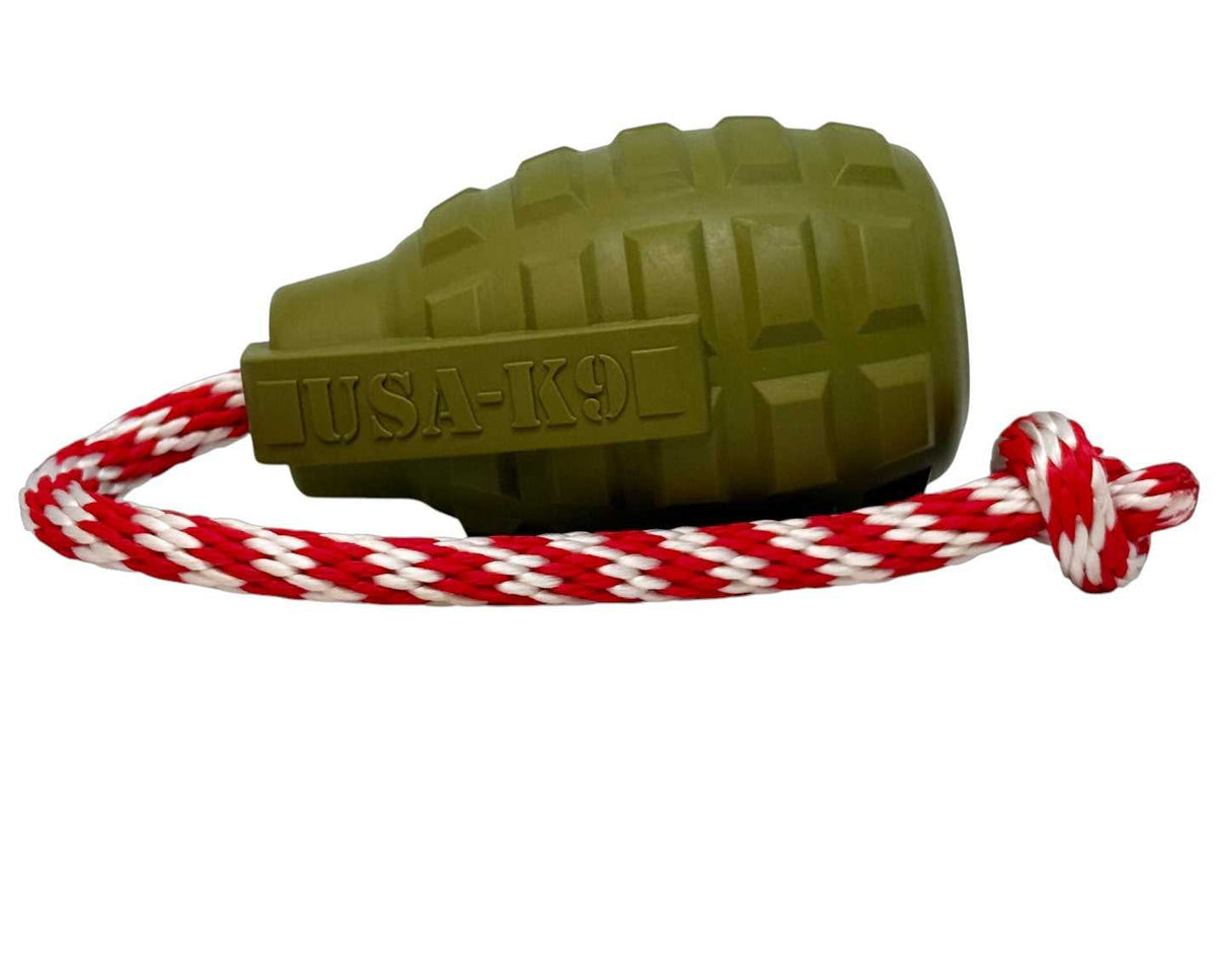 USA-K9 Grenade Shaped Rubber Dog Toy - Chew, Treat Dispenser & Tug Toy | USA - Army Green - American Bark Bliss