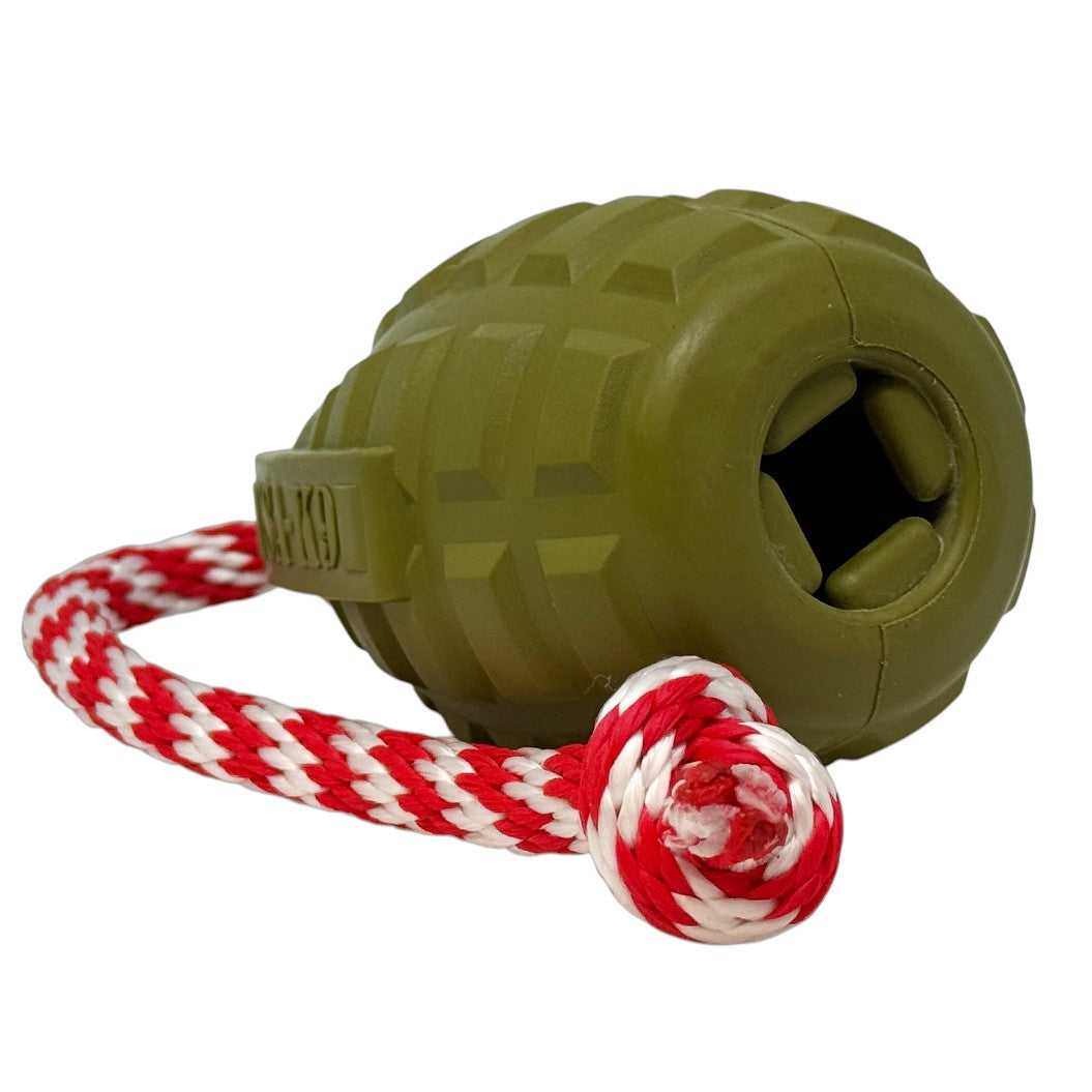 USA-K9 Grenade Shaped Rubber Dog Toy - Chew, Treat Dispenser & Tug Toy | USA - Army Green - American Bark Bliss