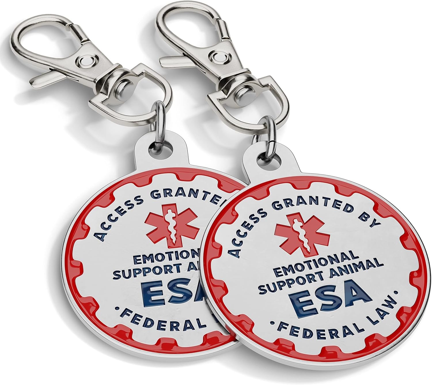Emotional Support Dog Tag, 2 Pack: Metal Pet ID Tags for Emotional Support Dogs, ESA, and Therapy Dogs, 1 Inch Diameter, Double Sided, Navy Lettering and Red Enamel Trim - American Bark Bliss