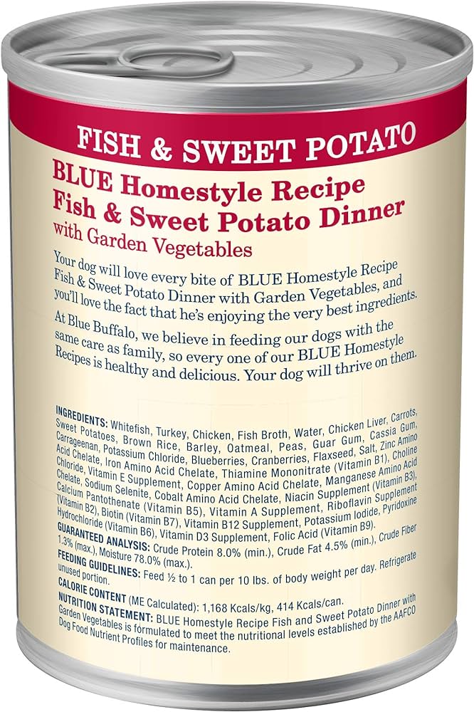 Blue Buffalo Adult Homestyle Fish & Sweet Potato with Garden Vegetables Wet Dog Cans (12.5oz) - American Bark Bliss