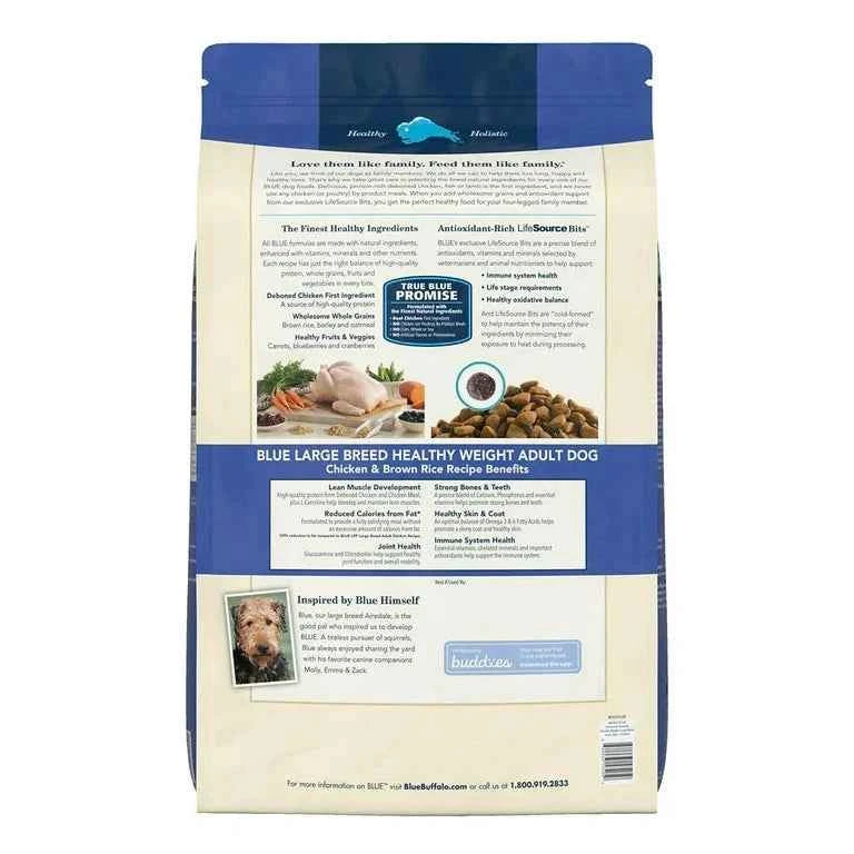 Blue Buffalo Adult Large Breed, Healthy Weight Chicken & Brown Rice Dry Dog Food (30lb) - American Bark Bliss