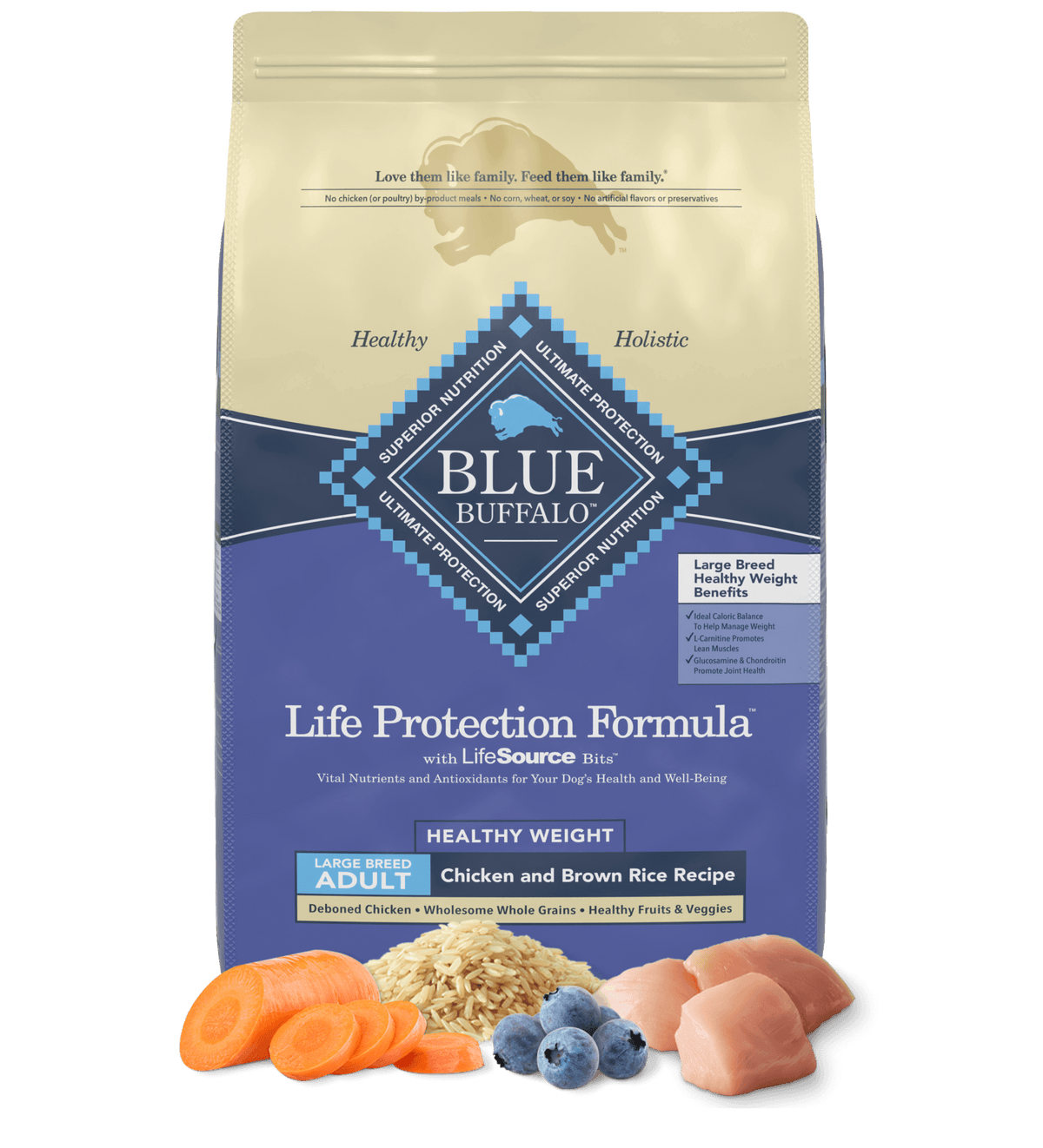 Blue Buffalo Adult Large Breed, Healthy Weight Chicken & Brown Rice Dry Dog Food (30lb) - American Bark Bliss