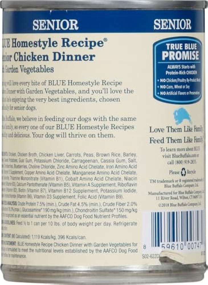 Blue Buffalo Senior Homestyle Chicken with Garden Vegetables Wet Dog Cans (12.5oz) - American Bark Bliss
