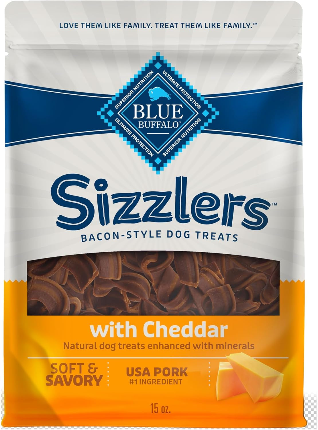 Sizzlers Bacon-Style Dog Treats with Real USA Pork, Cheddar Flavor, 15-Oz Bag - American Bark Bliss