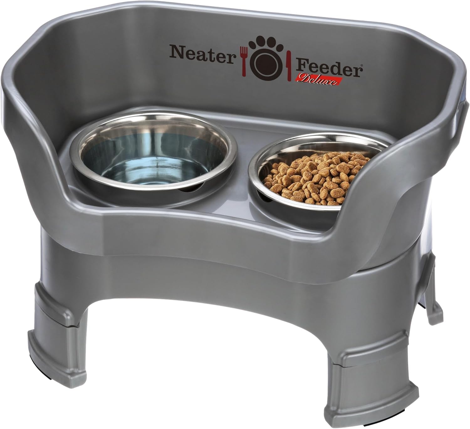 Neater Feeder Deluxe Mess Proof Dog Bowls Elevated Medium Sized Dogs (19-40 Lbs) Made in USA, No Spill Raised Dog Food Bowl Stand W/Leg Extension, Stainless Steel Food and Water Bowl Set, Grey - American Bark Bliss