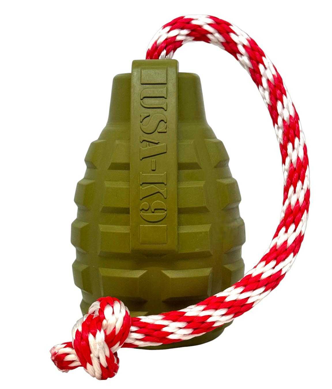 USA-K9 Grenade Shaped Rubber Dog Toy - Chew, Treat Dispenser & Tug Toy | USA - Army Green - American Bark Bliss