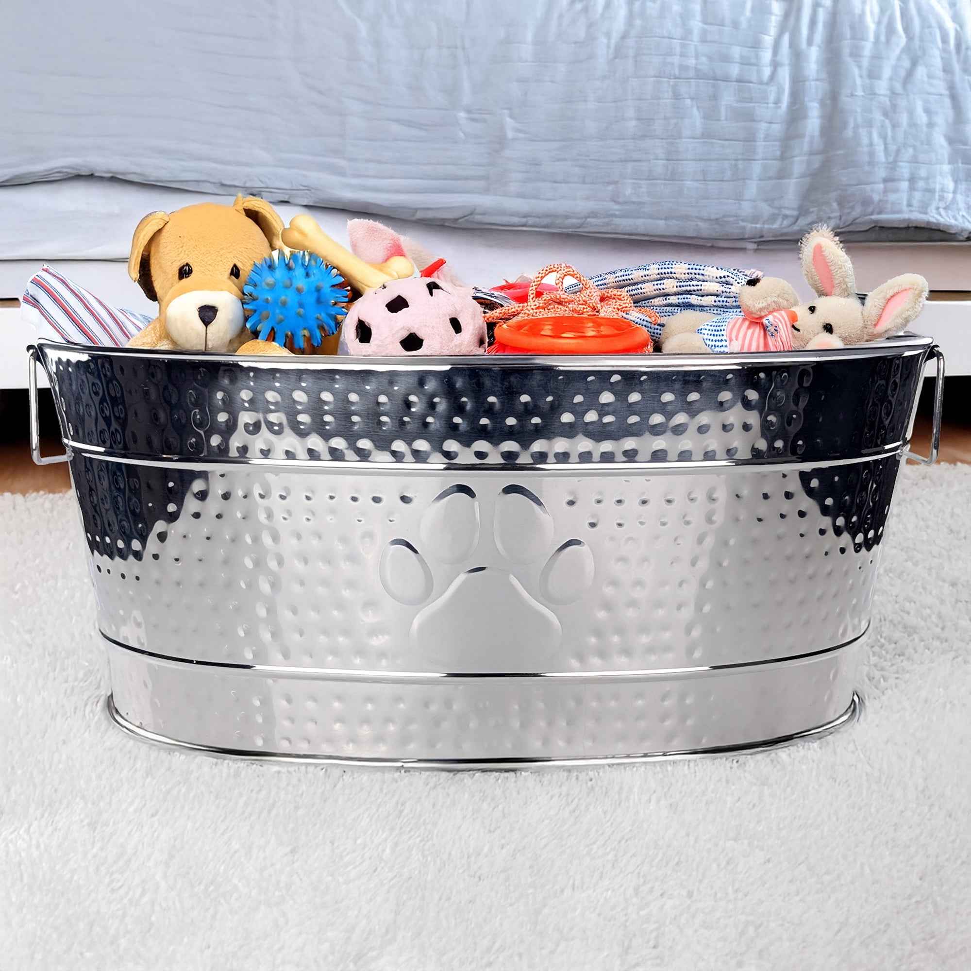 Stainless Steel Dog Toy Storage Bin – Large, Embossed Paw Print | BREKX