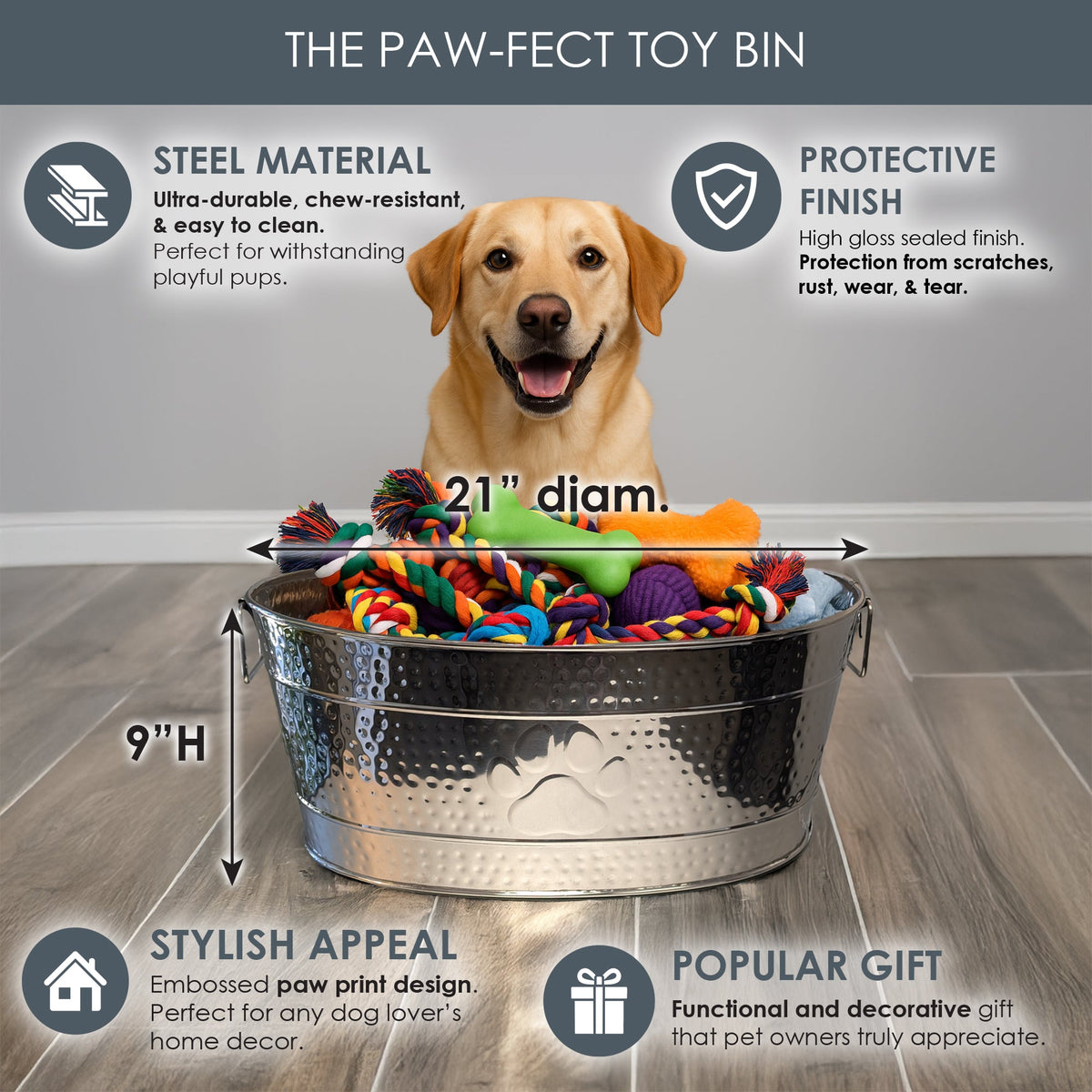 Pawprint Luxe Duo Stainless Steel Dog Toy Storage Bin Set of 2 (Large & Medium) | BREKX