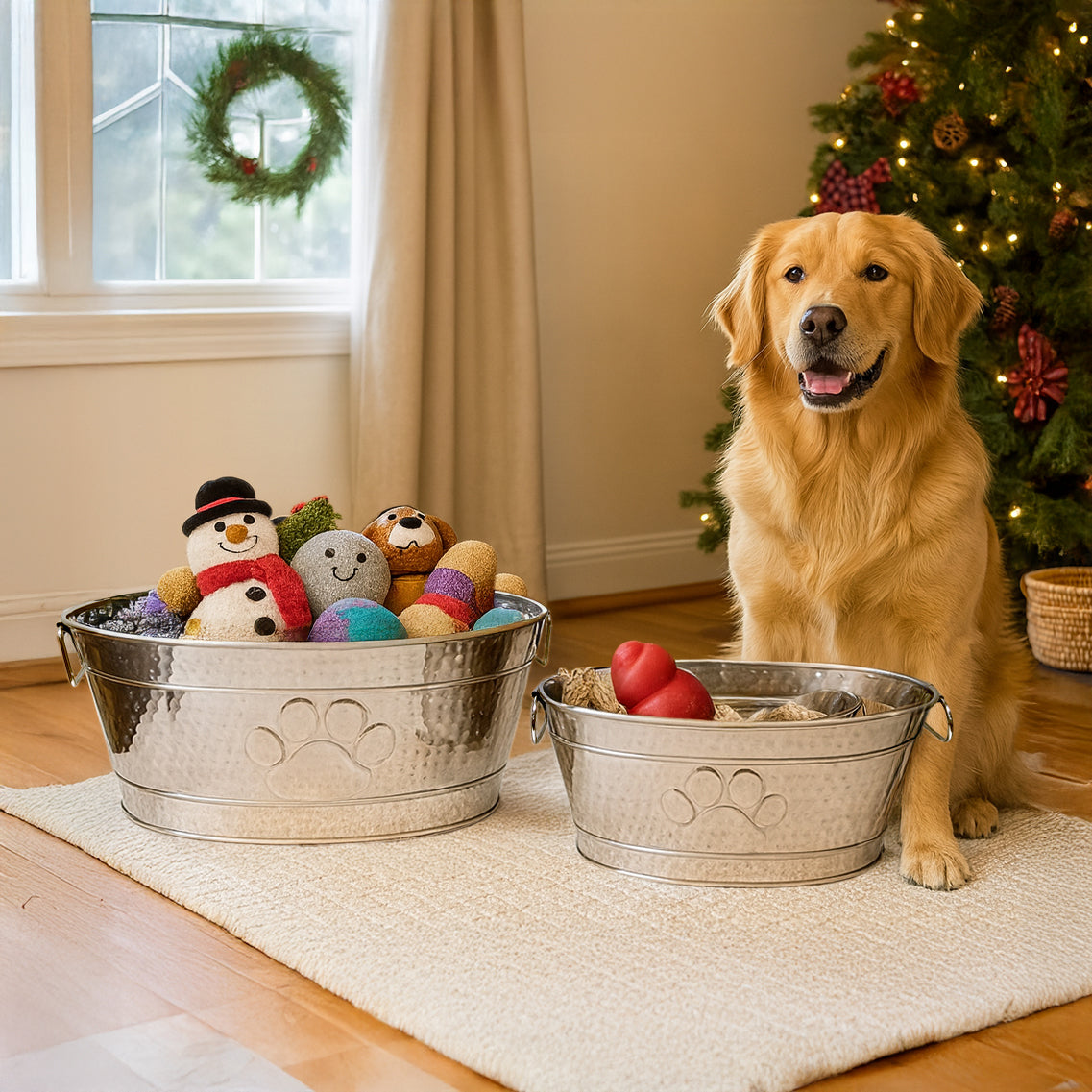 Pawprint Luxe Duo Stainless Steel Dog Toy Storage Bin Set of 2 (Large & Medium) | BREKX