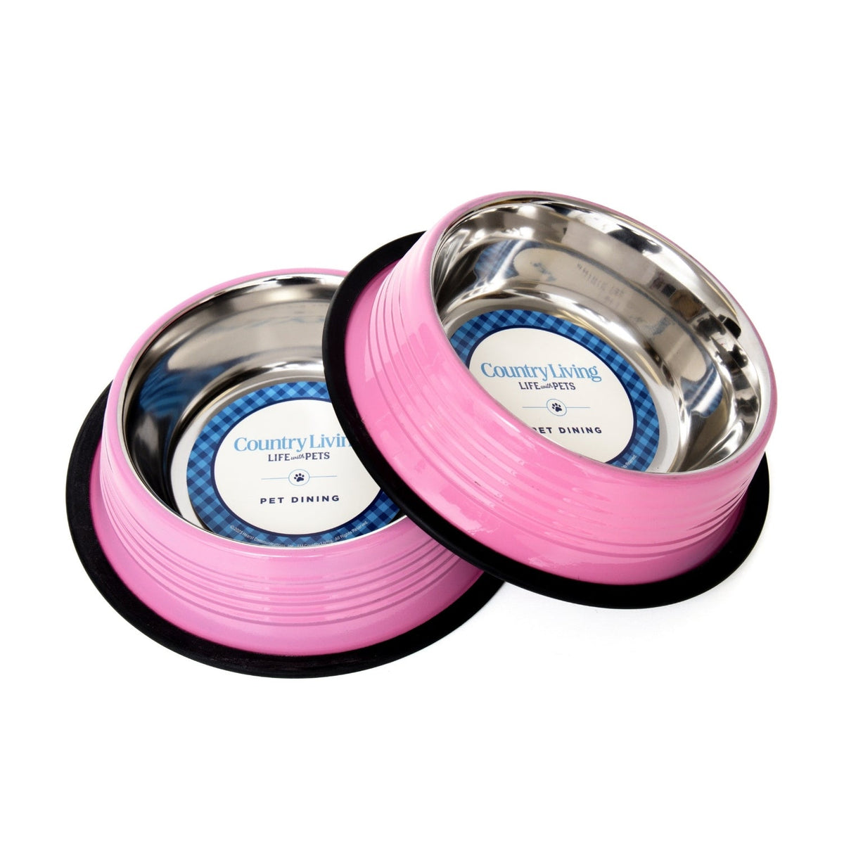 Country Living Ribbed Stainless Steel Dog Bowls, Non-Slip, Set of 2 – Carnation Pink