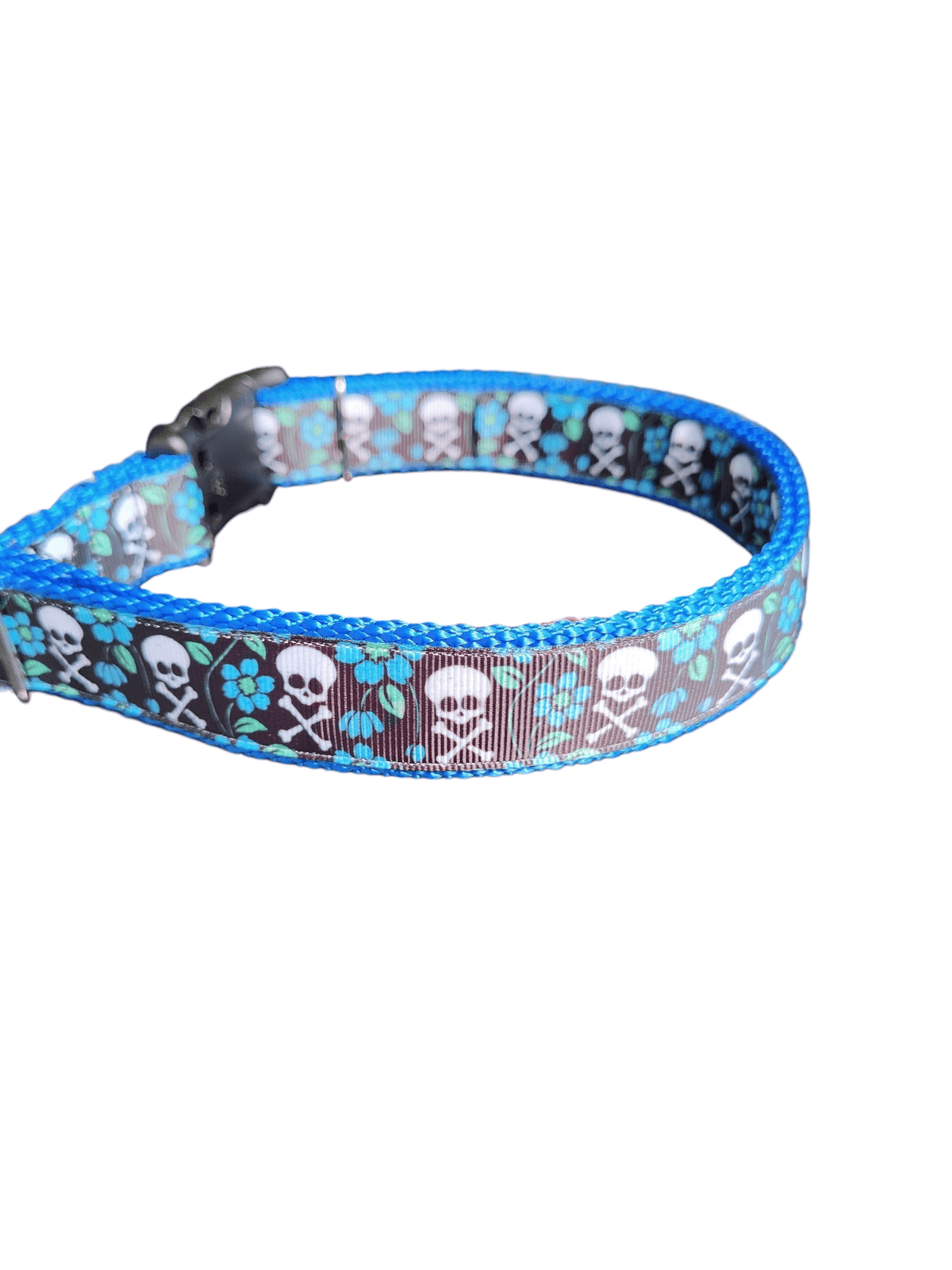 Skull and Crossbones Blue Flowers Nylon Dog Collar - American Bark Bliss