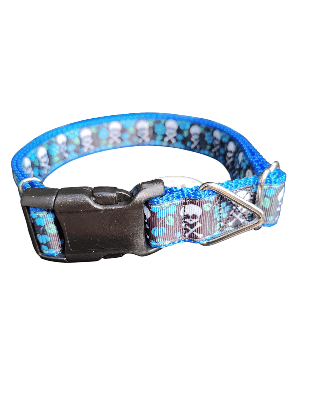 Skull and Crossbones Blue Flowers Nylon Dog Collar - American Bark Bliss