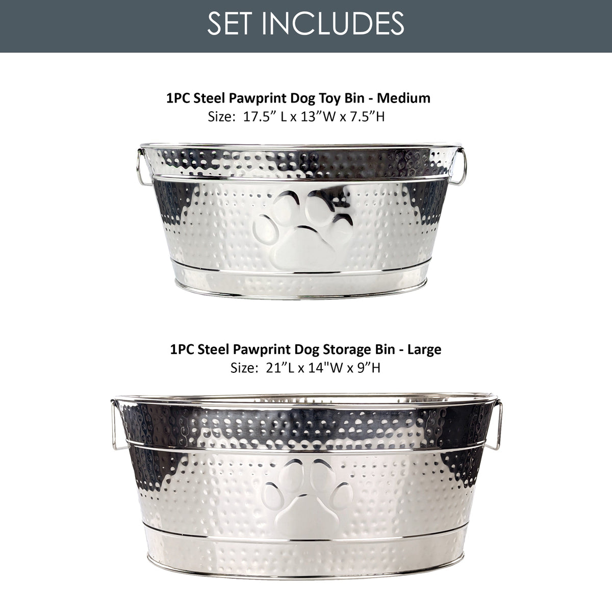 Pawprint Luxe Duo Stainless Steel Dog Toy Storage Bin Set of 2 (Large & Medium) | BREKX